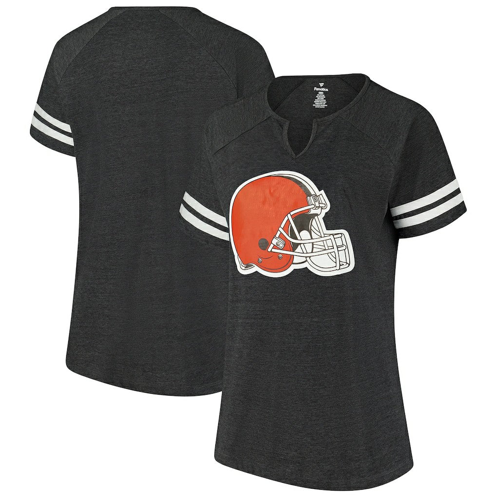 Cleveland Browns Women's Plus Size Logo Striped Raglan Notch Neck T-Shirt - Charcoal cheap