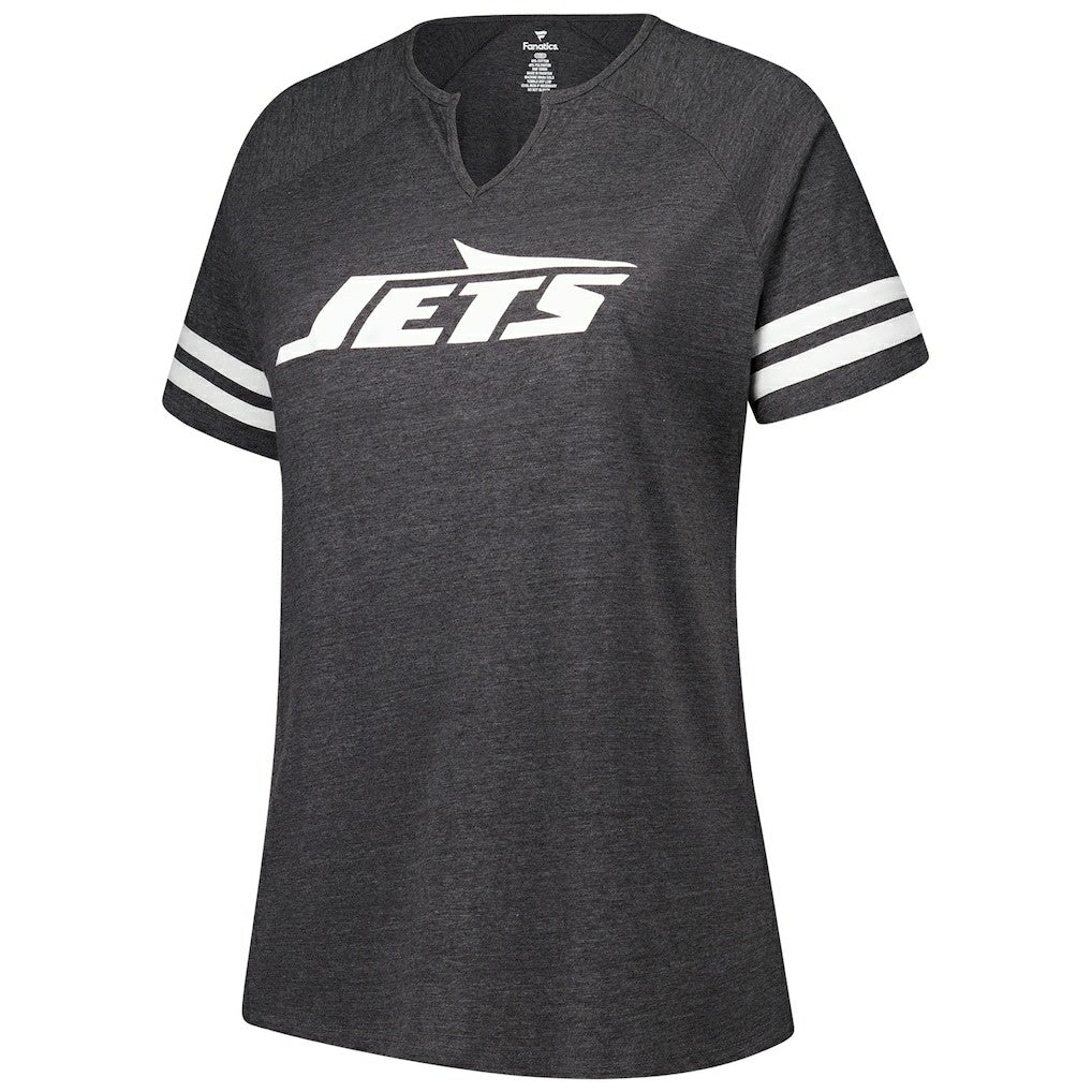 New York Jets Women's Plus Size Logo Striped Raglan Notch Neck T-Shirt - Charcoal sale