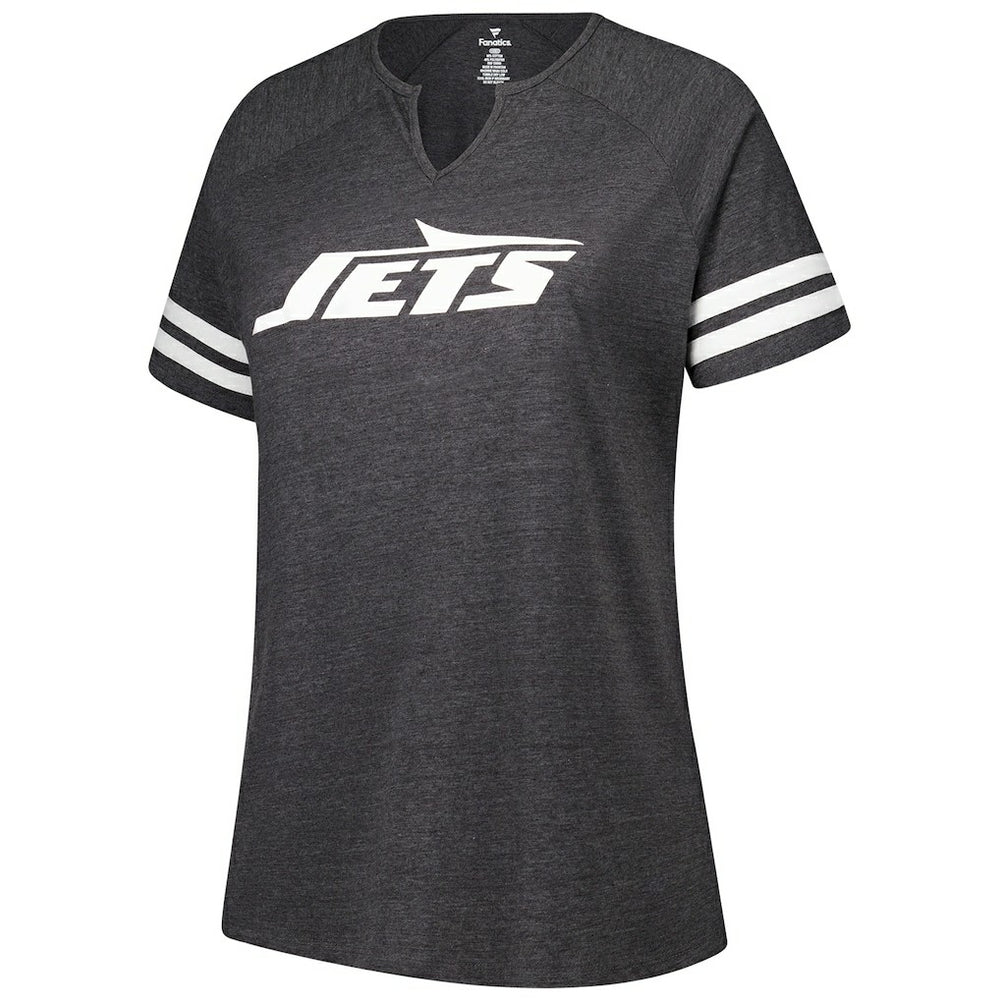 New York Jets Women's Plus Size Logo Striped Raglan Notch Neck T-Shirt - Charcoal sale