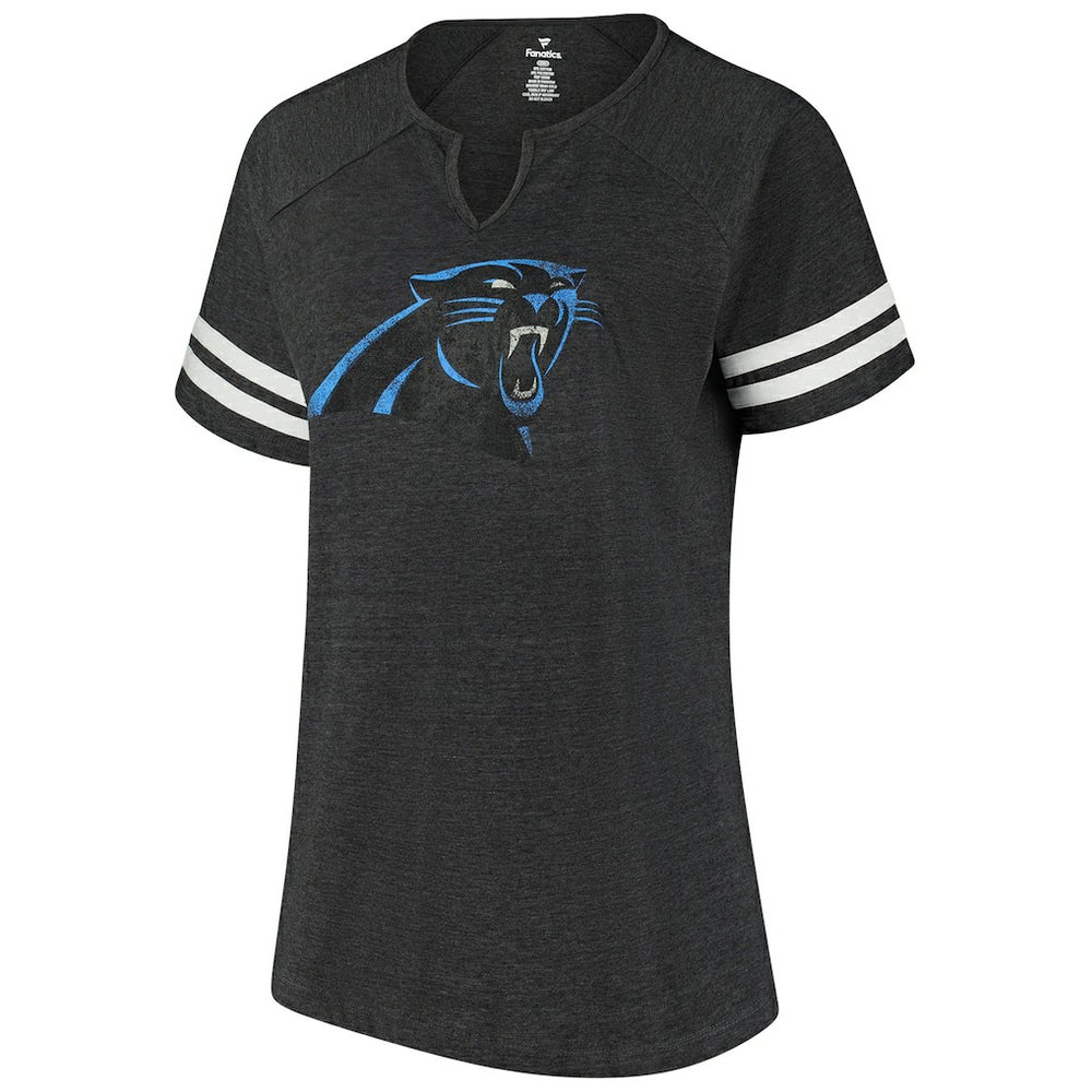 Carolina Panthers Women's Plus Size Logo Striped Raglan Notch Neck T-Shirt - Black on sale