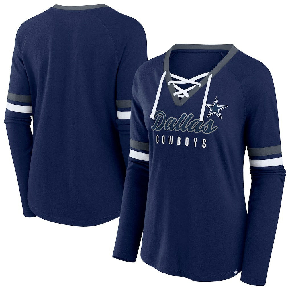Dallas Cowboys Women's Plus Size Won & Done Lace-Up V-Neck Long Sleeve T-Shirt - Navy sale