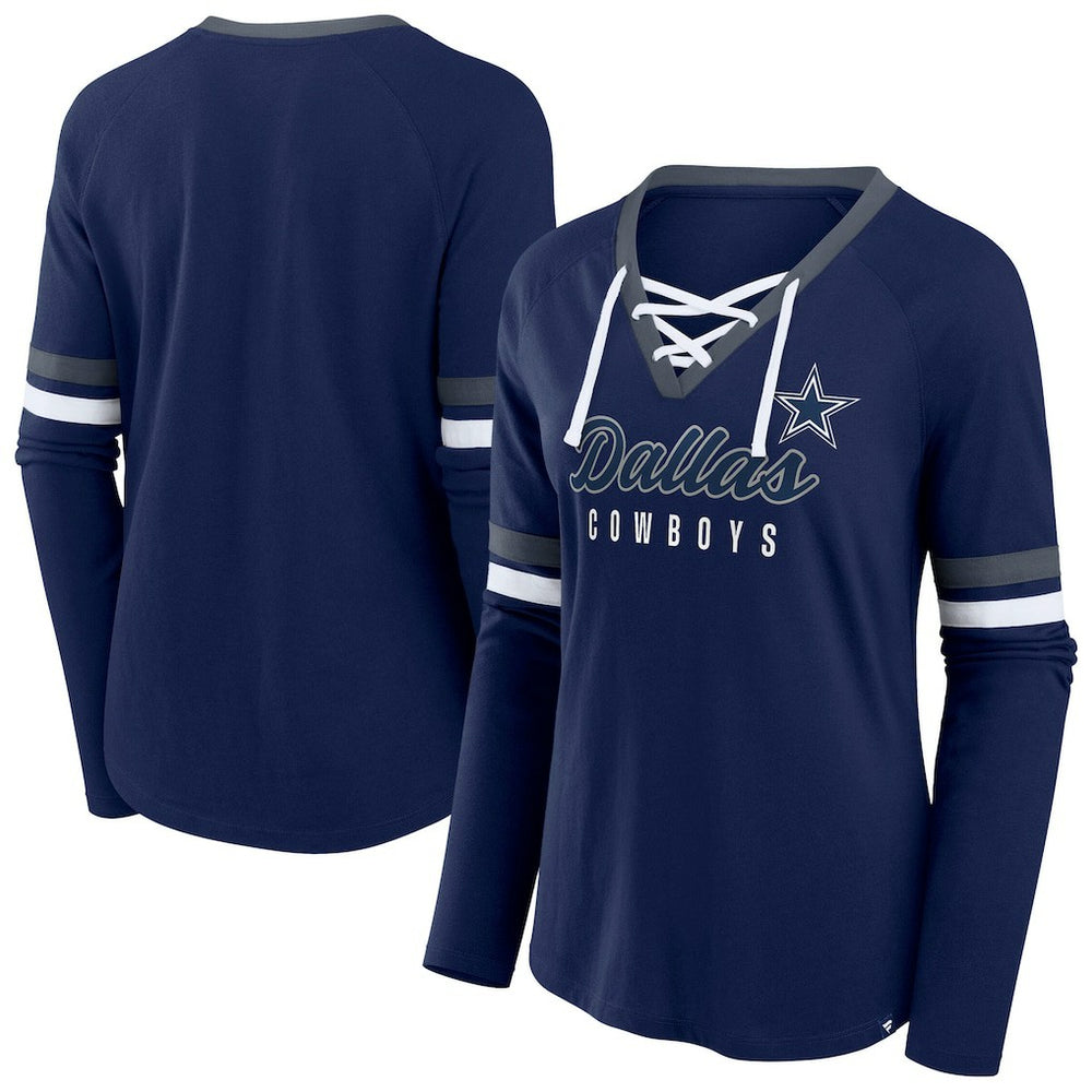Dallas Cowboys Women's Plus Size Won & Done Lace-Up V-Neck Long Sleeve T-Shirt - Navy sale