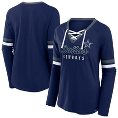 Dallas Cowboys Women's Plus Size Won & Done Lace-Up V-Neck Long Sleeve T-Shirt - Navy sale