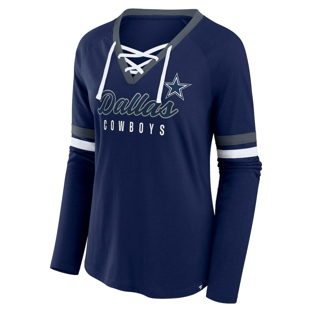 Dallas Cowboys Women's Plus Size Won & Done Lace-Up V-Neck Long Sleeve T-Shirt - Navy sale