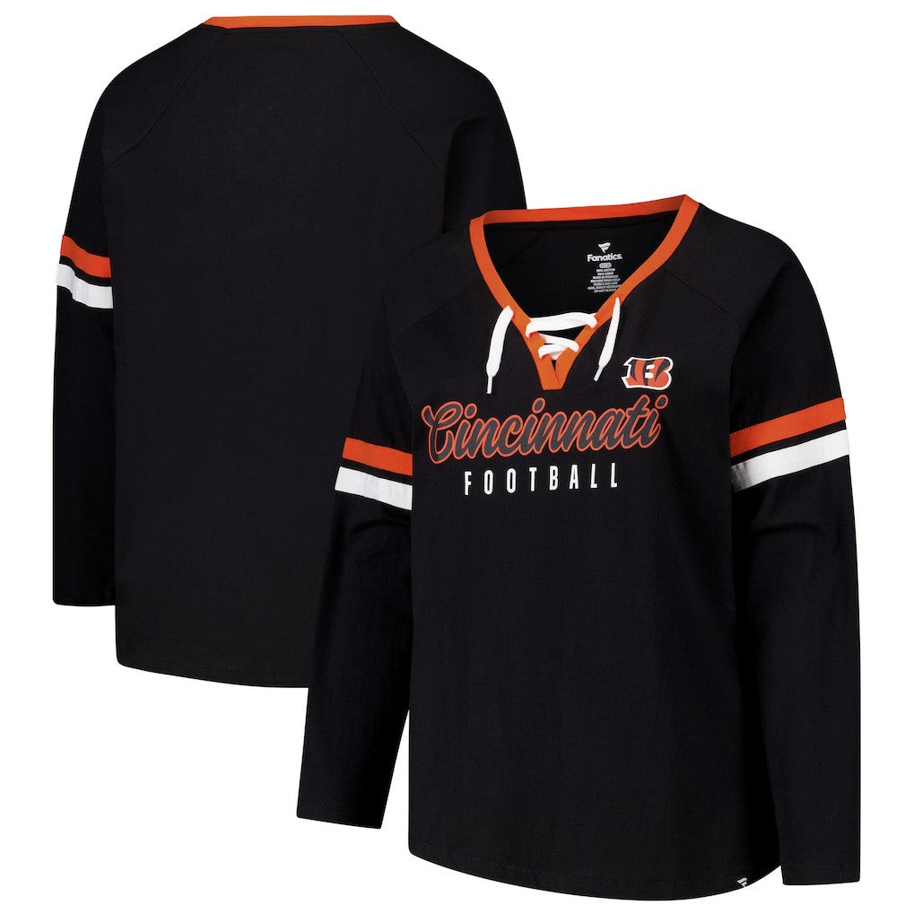 Cincinnati Bengals Women's Plus Size Won & Done Lace-Up V-Neck Long Sleeve T-Shirt - Black on sale