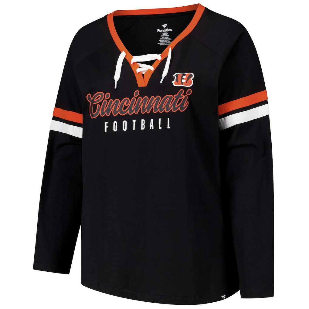 Cincinnati Bengals Women's Plus Size Won & Done Lace-Up V-Neck Long Sleeve T-Shirt - Black on sale