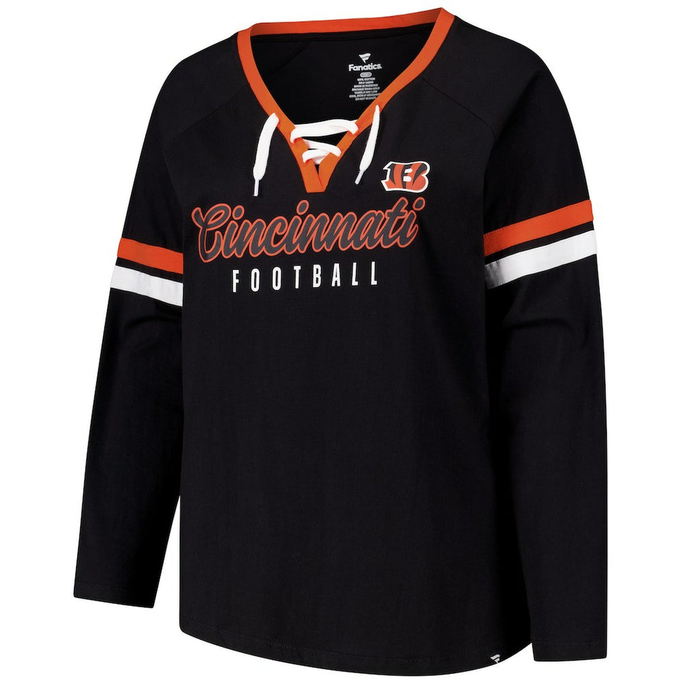 Cincinnati Bengals Women's Plus Size Won & Done Lace-Up V-Neck Long Sleeve T-Shirt - Black on sale