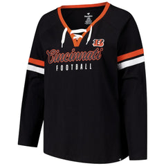 Cincinnati Bengals Women's Plus Size Won & Done Lace-Up V-Neck Long Sleeve T-Shirt - Black on sale