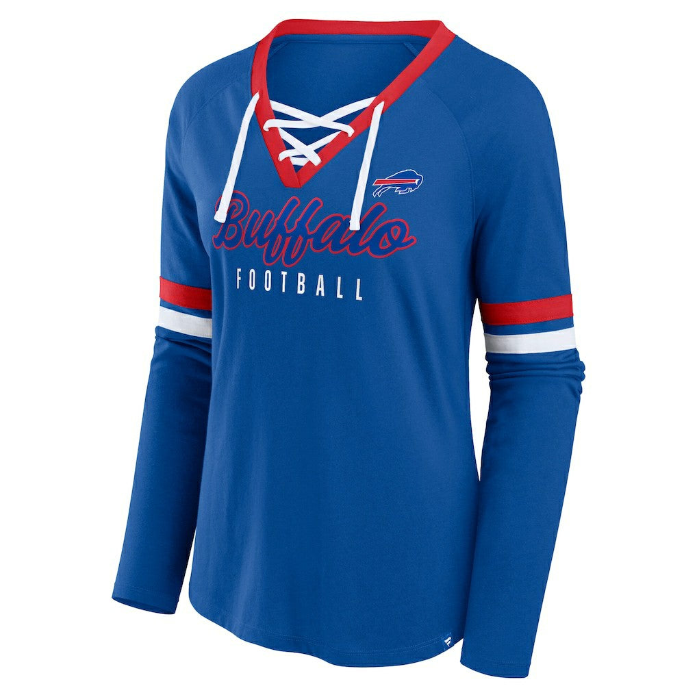 Buffalo Bills Women's Plus Size Won & Done Lace-Up V-Neck Long Sleeve T-Shirt - Royal outlet