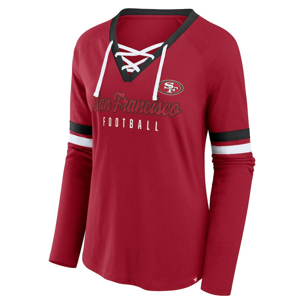 San Francisco 49ers Women's Plus Size Won & Done Lace-Up V-Neck Long Sleeve T-Shirt - Scarlet discount