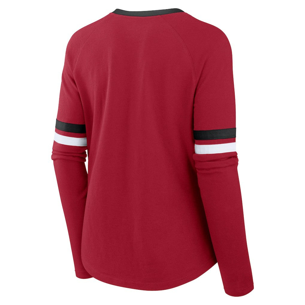 San Francisco 49ers Women's Plus Size Won & Done Lace-Up V-Neck Long Sleeve T-Shirt - Scarlet discount