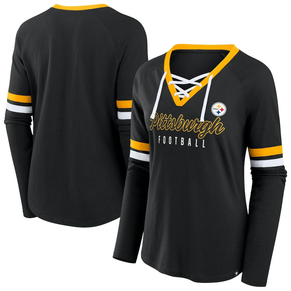 Pittsburgh Steelers Women's Plus Size Won & Done Lace-Up V-Neck Long Sleeve T-Shirt - Black discount