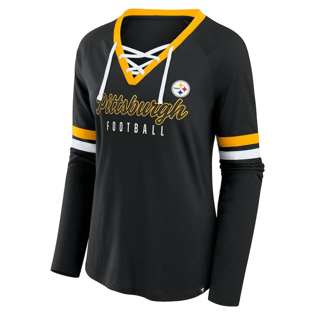 Pittsburgh Steelers Women's Plus Size Won & Done Lace-Up V-Neck Long Sleeve T-Shirt - Black discount