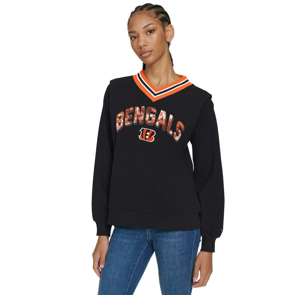 Cincinnati Bengals Tommy Hilfiger Women's Alice V-Neck Pullover Sweatshirt - Black sale