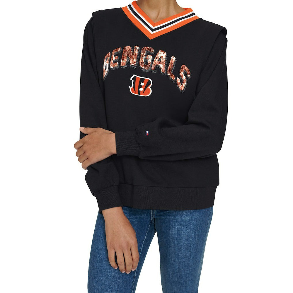 Cincinnati Bengals Tommy Hilfiger Women's Alice V-Neck Pullover Sweatshirt - Black sale