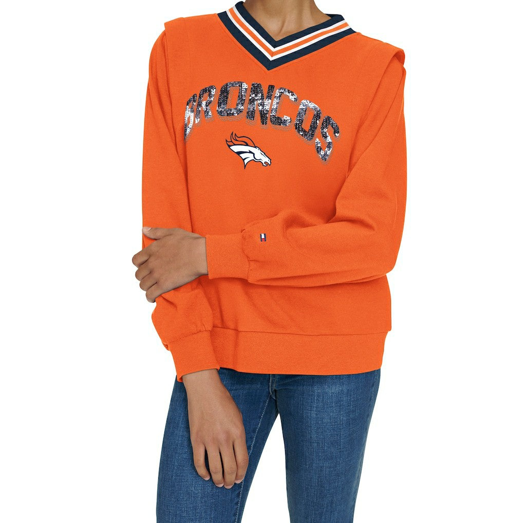 Denver Broncos Tommy Hilfiger Women's Alice V-Neck Pullover Sweatshirt - Orange on sale