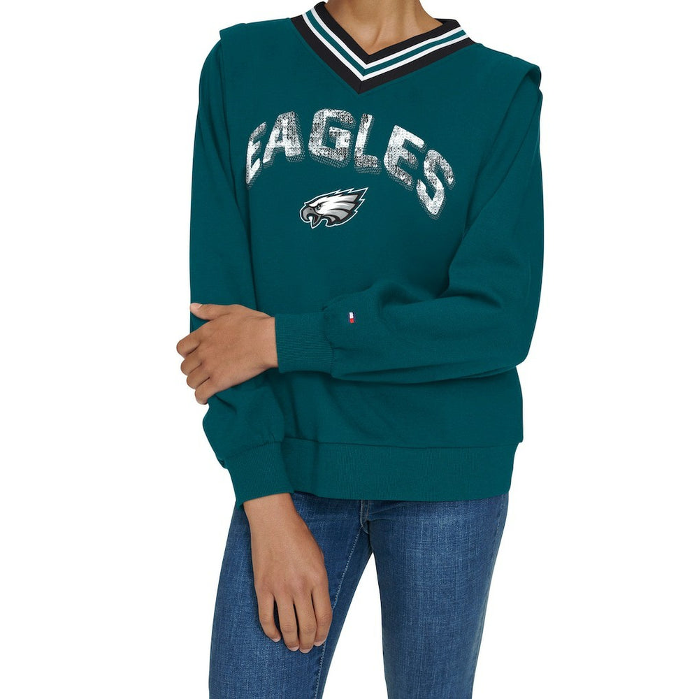 Philadelphia Eagles Tommy Hilfiger Women's Alice V-Neck Pullover Sweatshirt - Midnight Green online