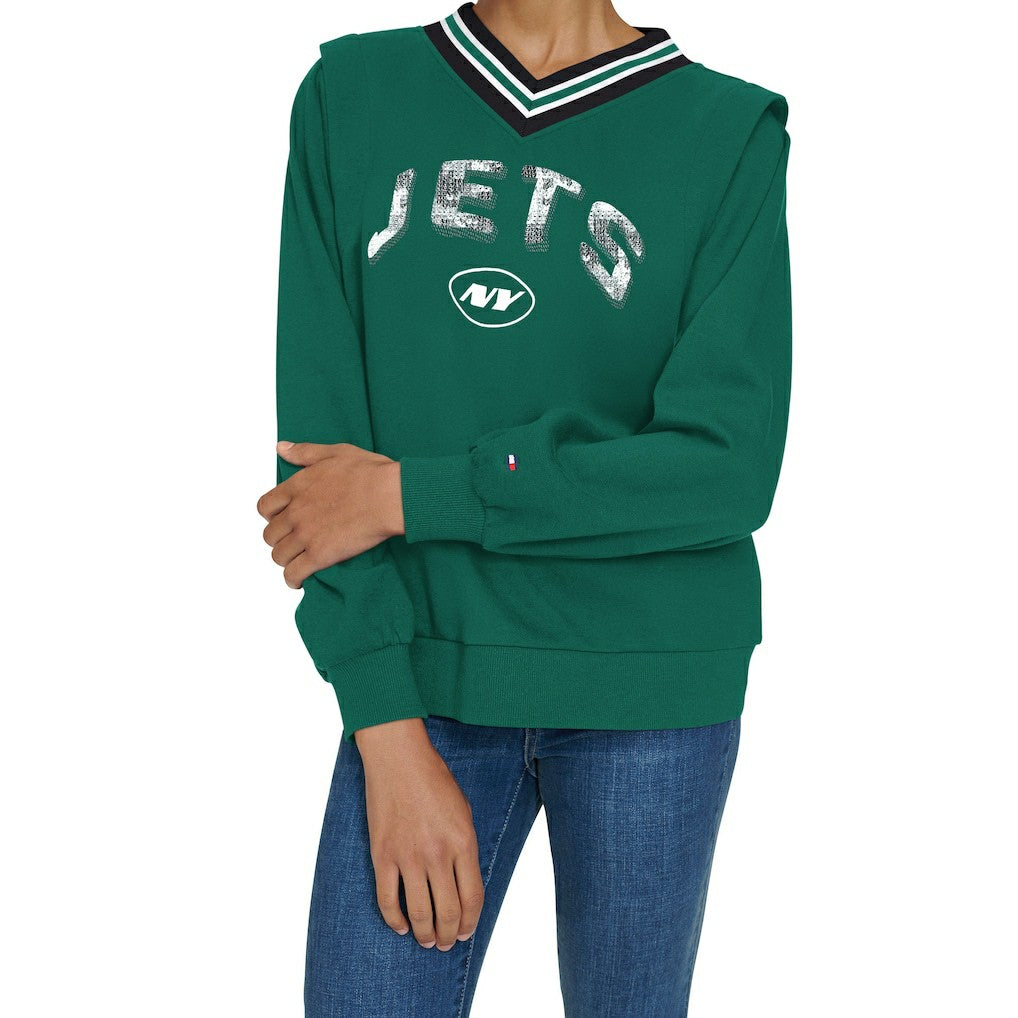New York Jets Tommy Hilfiger Women's Alice V-Neck Pullover Sweatshirt - Green for sale