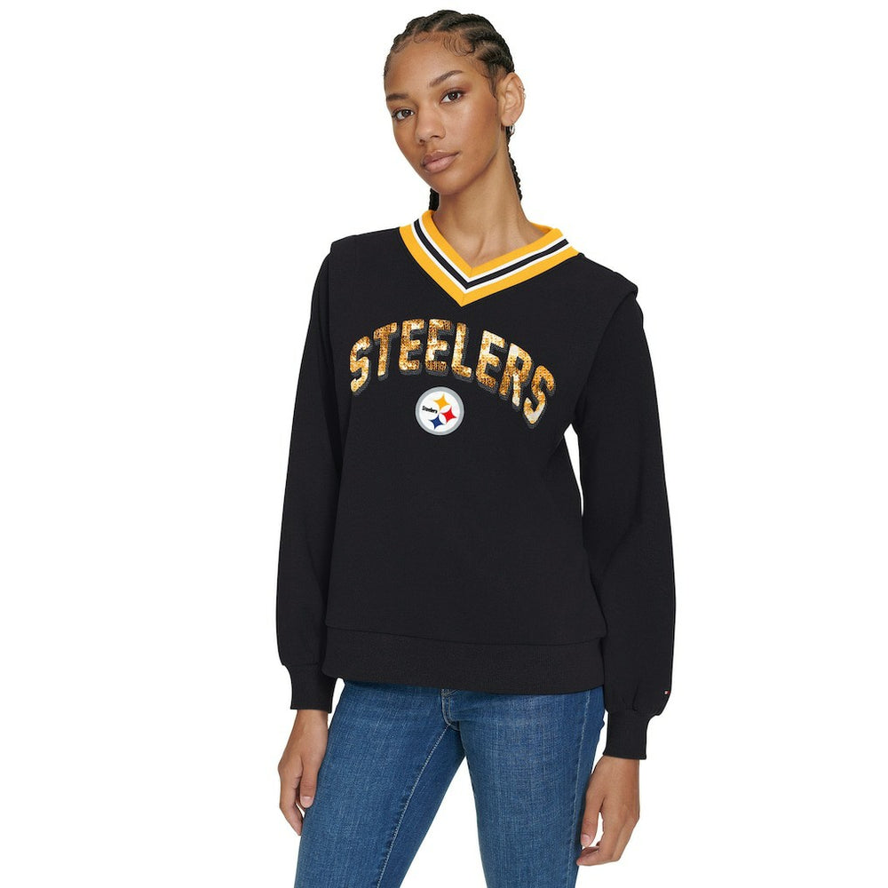 Pittsburgh Steelers Tommy Hilfiger Women's Alice V-Neck Pullover Sweatshirt - Black on sale