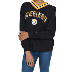 Pittsburgh Steelers Tommy Hilfiger Women's Alice V-Neck Pullover Sweatshirt - Black on sale