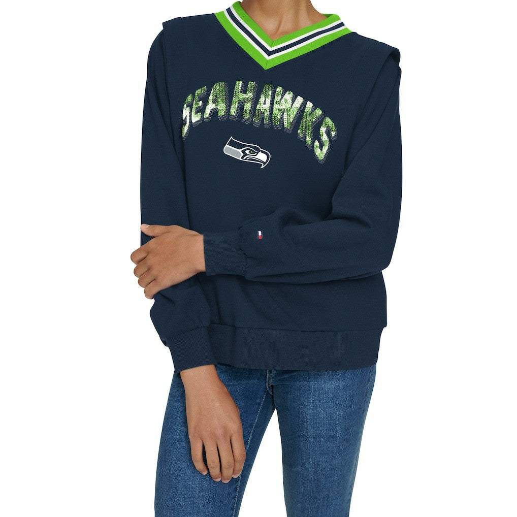 Seattle Seahawks Tommy Hilfiger Women's Alice V-Neck Pullover Sweatshirt - Navy outlet