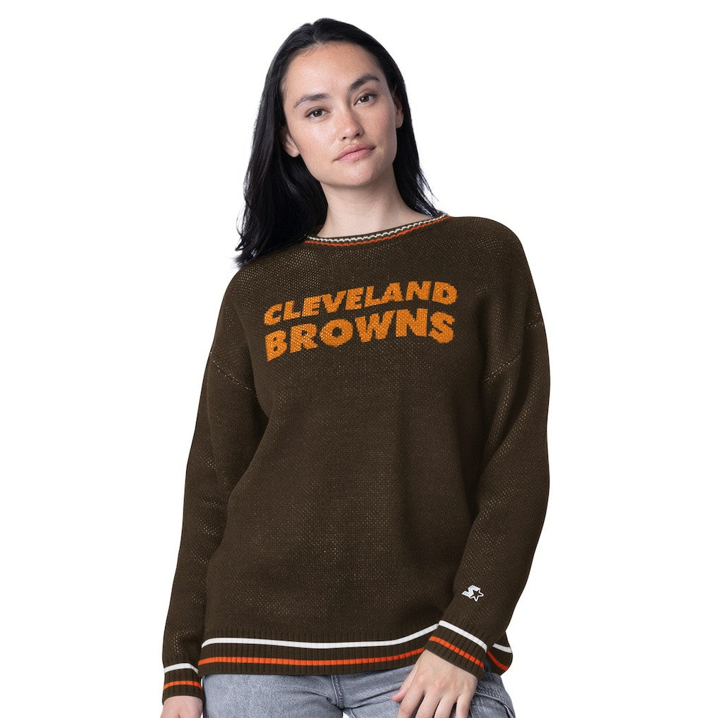 Cleveland Browns Starter Women's Oversized On the Ball Intarsia Knit Pullover Sweater - Brown for sale