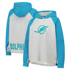 Miami Dolphins DKNY Sport Women's Joy Cropped Raglan Pullover Hoodie - Gray/Aqua cheap