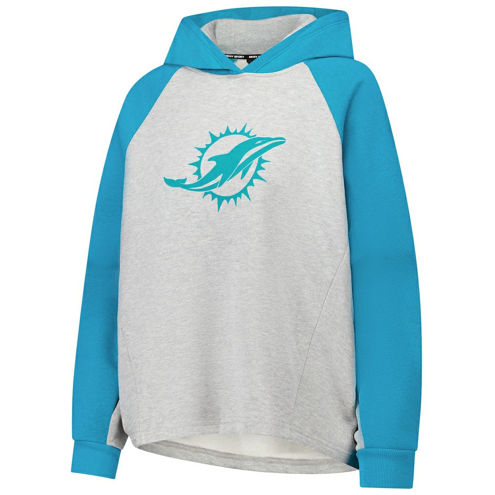 Miami Dolphins DKNY Sport Women's Joy Cropped Raglan Pullover Hoodie - Gray/Aqua cheap