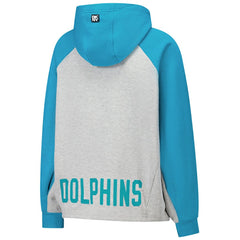 Miami Dolphins DKNY Sport Women's Joy Cropped Raglan Pullover Hoodie - Gray/Aqua cheap