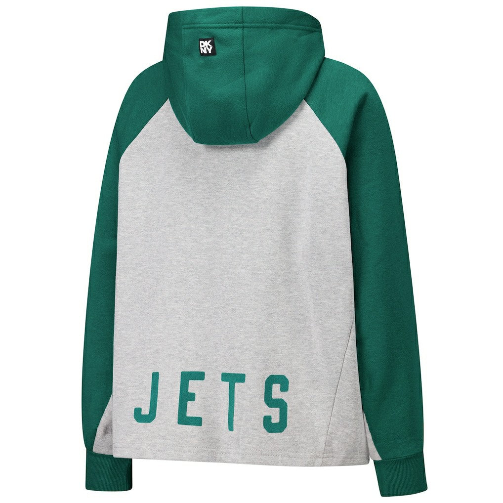 New York Jets DKNY Sport Women's Joy Cropped Raglan Pullover Hoodie - Gray/Green outlet