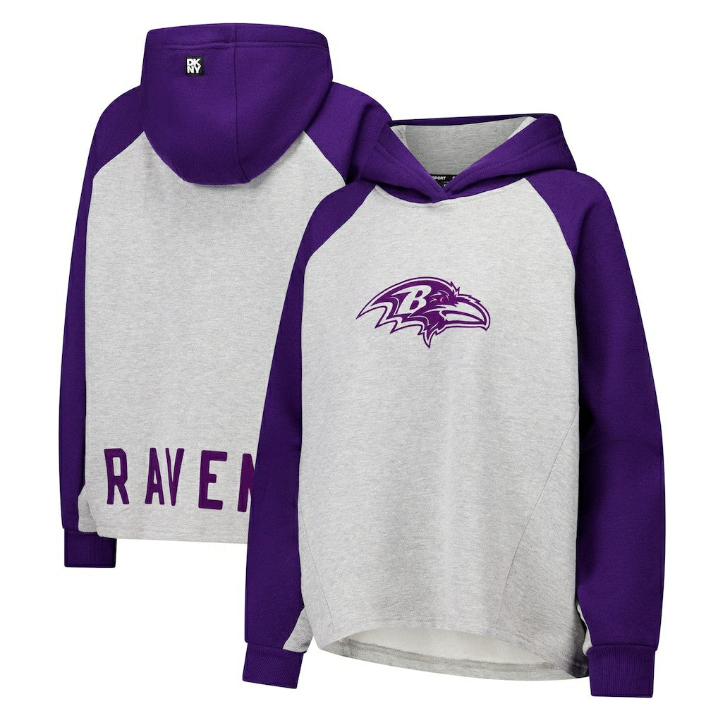 Baltimore Ravens DKNY Sport Women's Joy Cropped Raglan Pullover Hoodie - Gray/Purple for sale