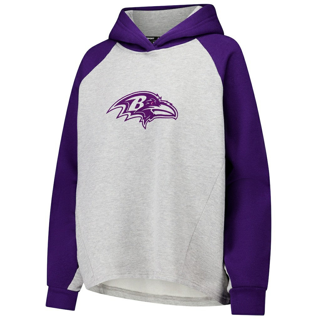 Baltimore Ravens DKNY Sport Women's Joy Cropped Raglan Pullover Hoodie - Gray/Purple for sale