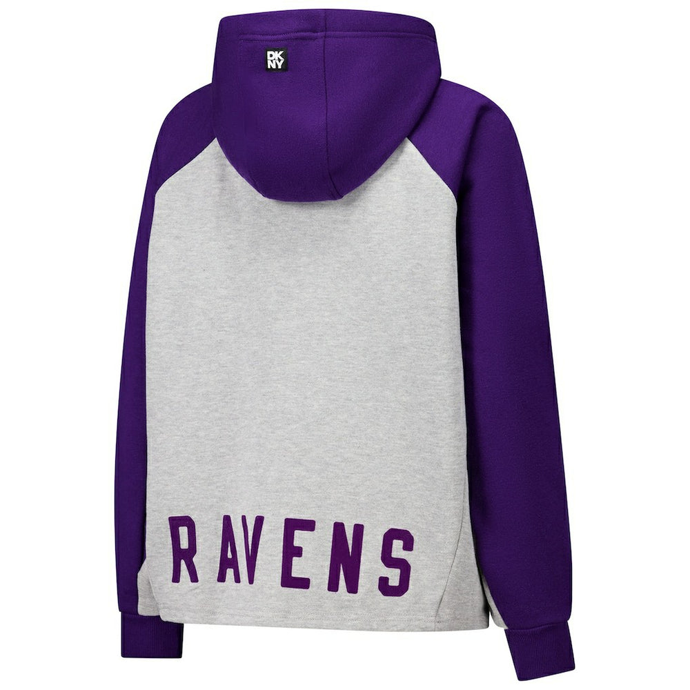 Baltimore Ravens DKNY Sport Women's Joy Cropped Raglan Pullover Hoodie - Gray/Purple for sale