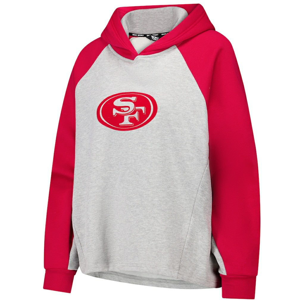 San Francisco 49ers DKNY Sport Women's Joy Cropped Raglan Pullover Hoodie - Gray/Scarlet for sale