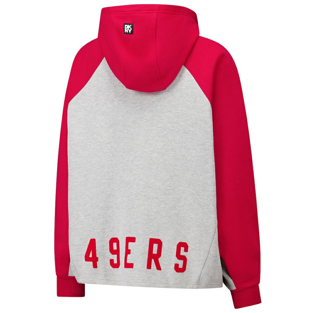 San Francisco 49ers DKNY Sport Women's Joy Cropped Raglan Pullover Hoodie - Gray/Scarlet for sale