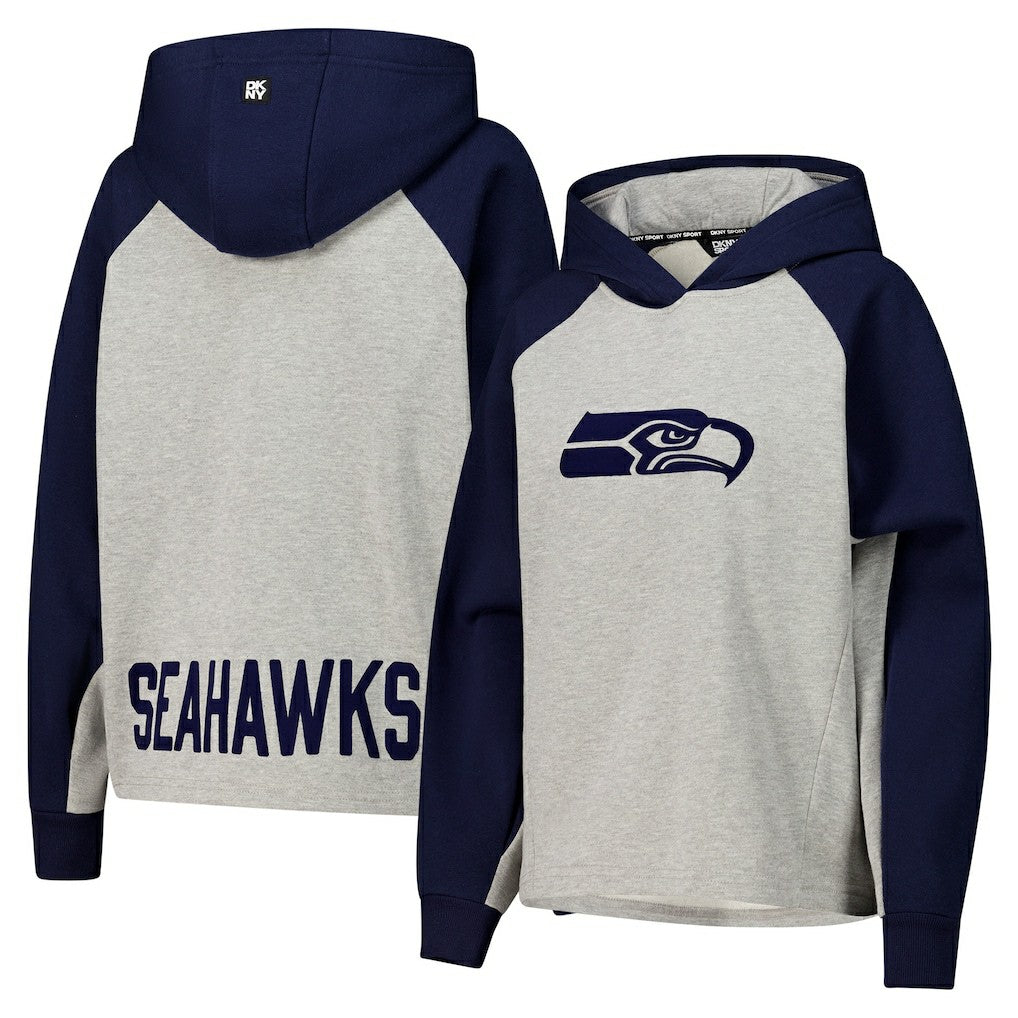 Seattle Seahawks DKNY Sport Women's Joy Cropped Raglan Pullover Hoodie - Gray/College Navy on sale