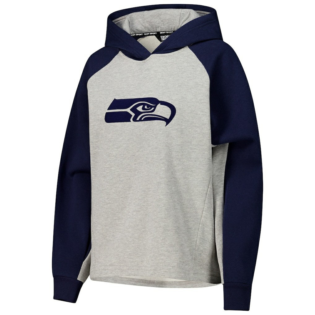 Seattle Seahawks DKNY Sport Women's Joy Cropped Raglan Pullover Hoodie - Gray/College Navy on sale