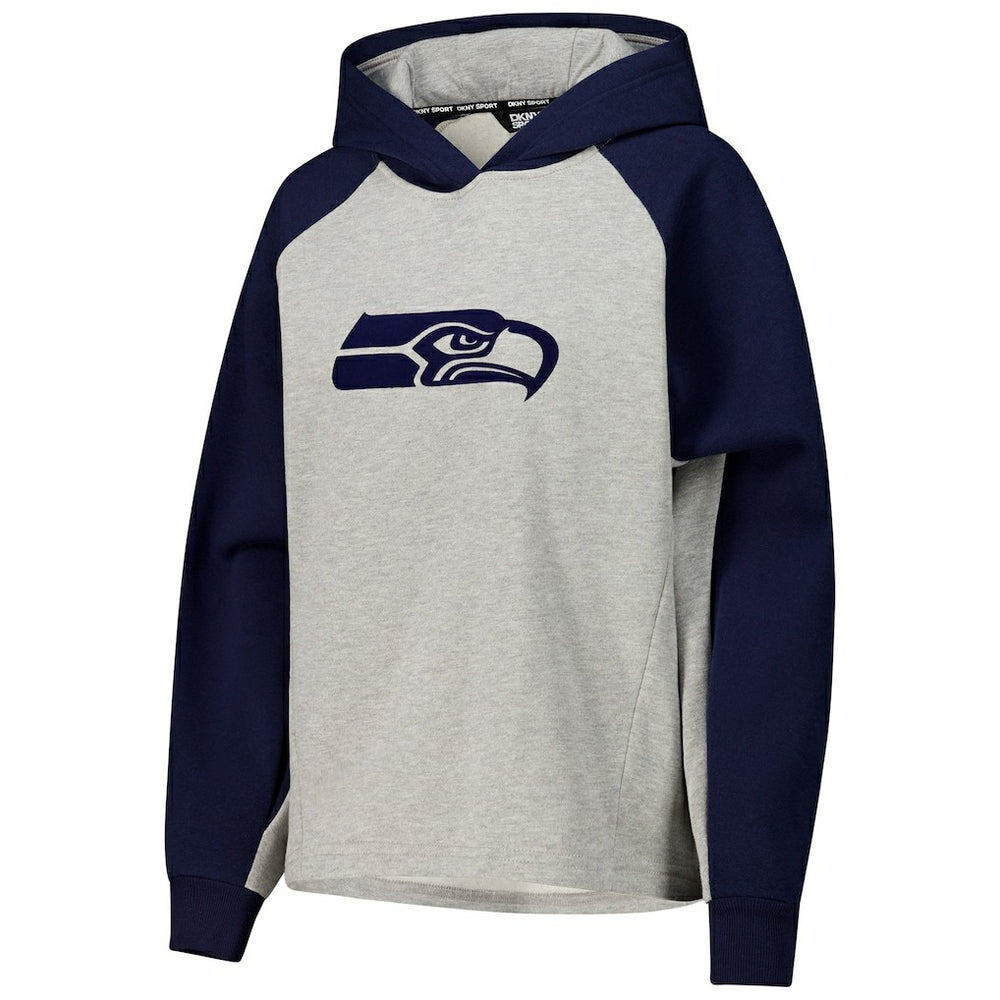 Seattle Seahawks DKNY Sport Women's Joy Cropped Raglan Pullover Hoodie - Gray/College Navy on sale