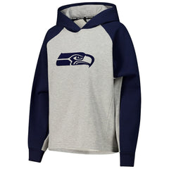 Seattle Seahawks DKNY Sport Women's Joy Cropped Raglan Pullover Hoodie - Gray/College Navy on sale