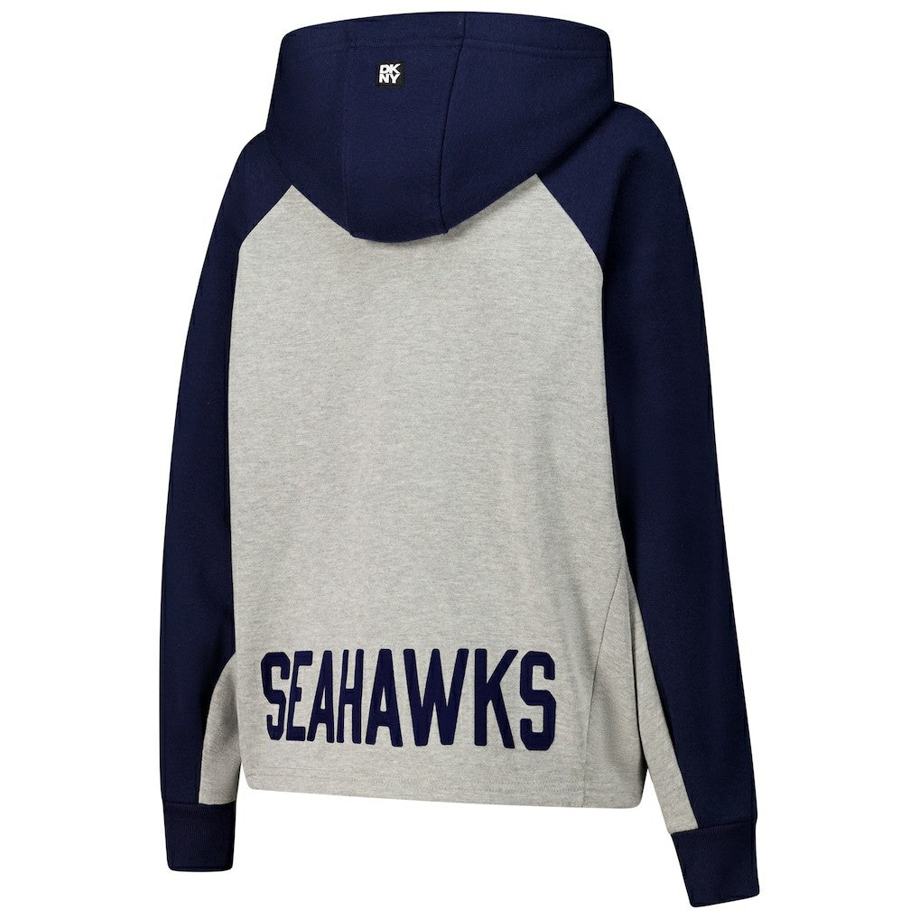 Seattle Seahawks DKNY Sport Women's Joy Cropped Raglan Pullover Hoodie - Gray/College Navy on sale