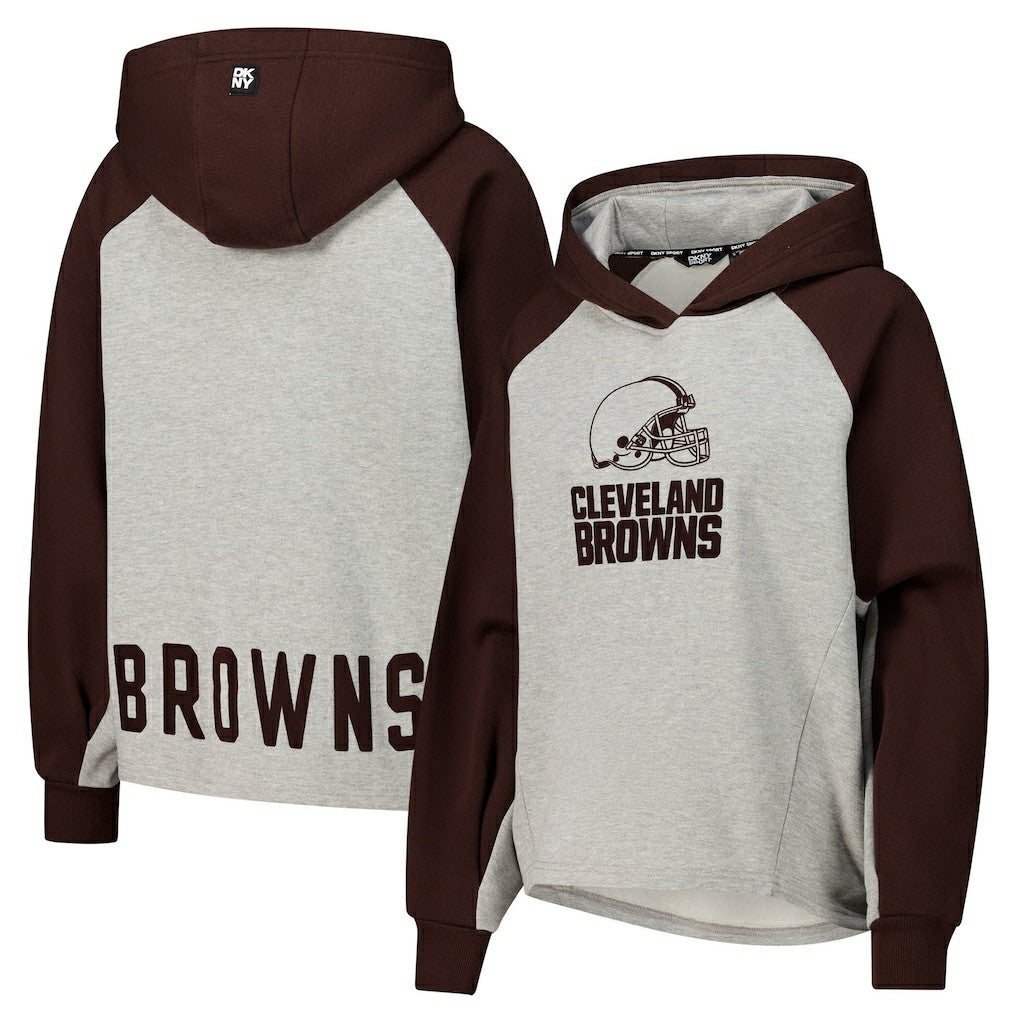 Cleveland Browns DKNY Sport Women's Joy Cropped Raglan Pullover Hoodie - Gray/Brown cheap