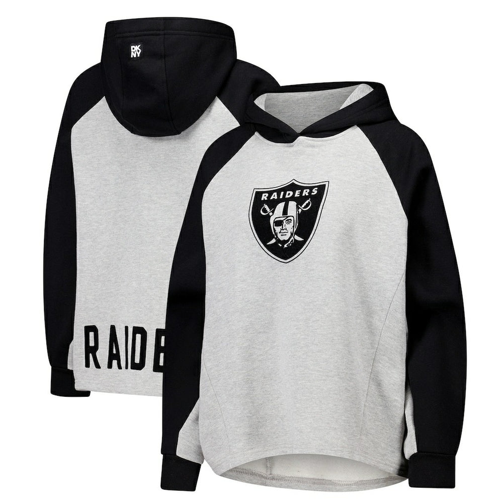 Las Vegas Raiders DKNY Sport Women's Joy Cropped Raglan Pullover Hoodie - Gray/Black for sale