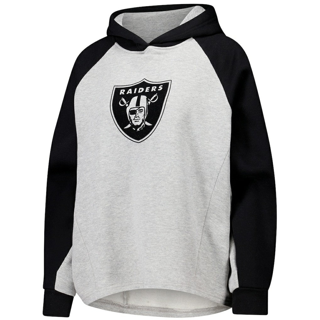 Las Vegas Raiders DKNY Sport Women's Joy Cropped Raglan Pullover Hoodie - Gray/Black for sale