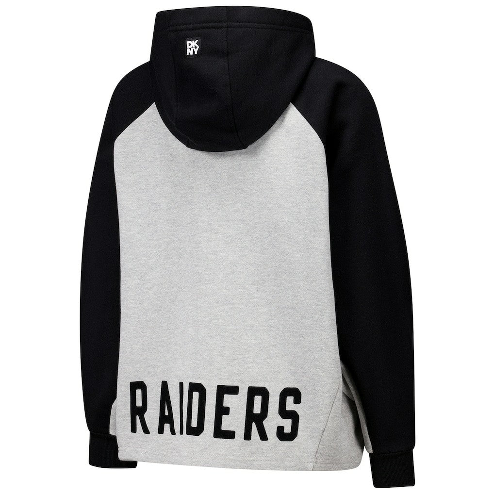 Las Vegas Raiders DKNY Sport Women's Joy Cropped Raglan Pullover Hoodie - Gray/Black for sale