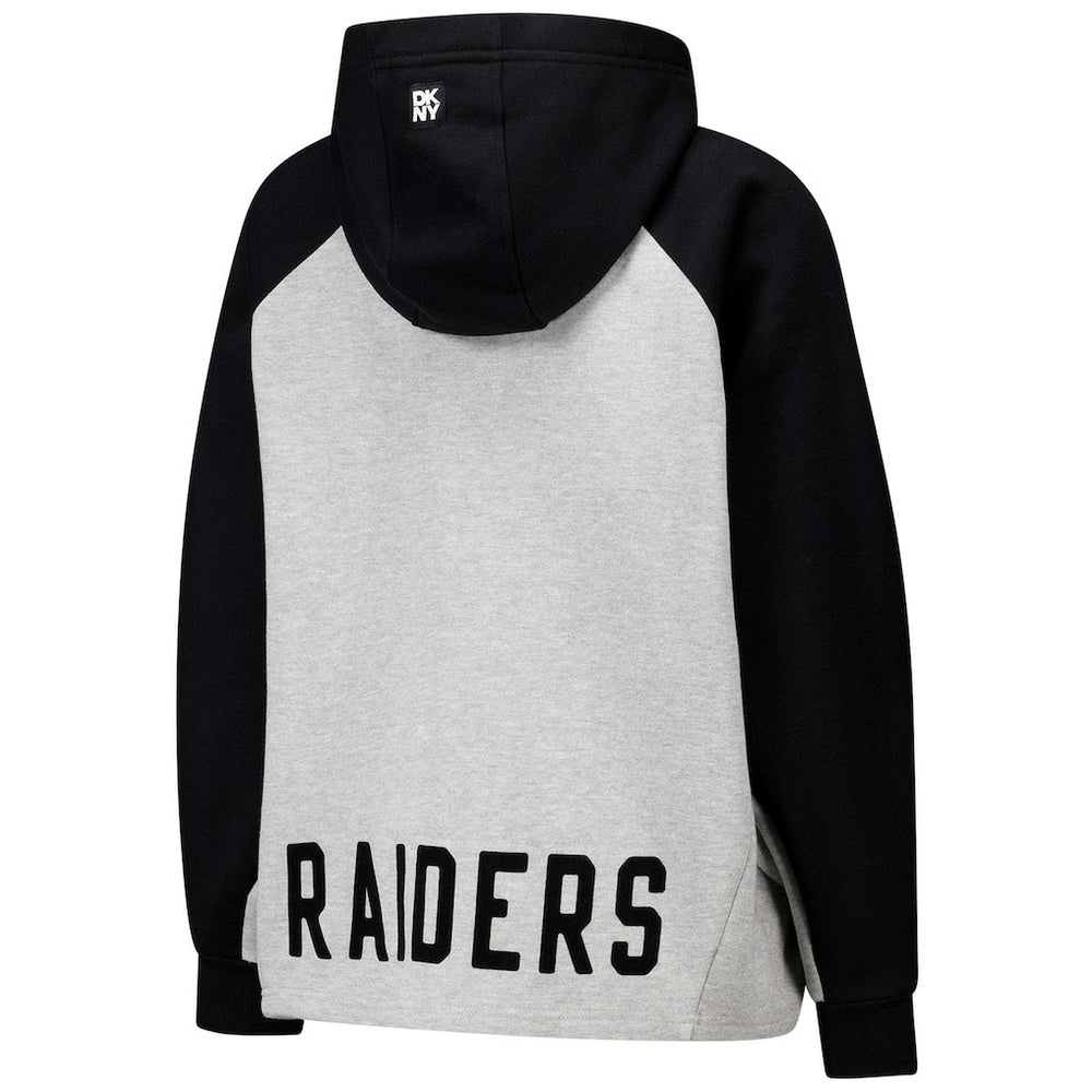 Las Vegas Raiders DKNY Sport Women's Joy Cropped Raglan Pullover Hoodie - Gray/Black for sale