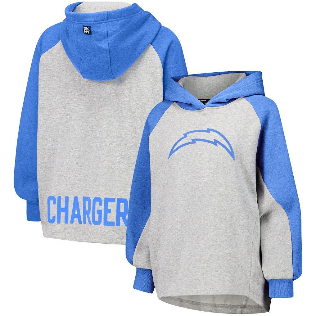 Los Angeles Chargers DKNY Sport Women's Joy Cropped Raglan Pullover Hoodie - Gray/Powder Blue cheap