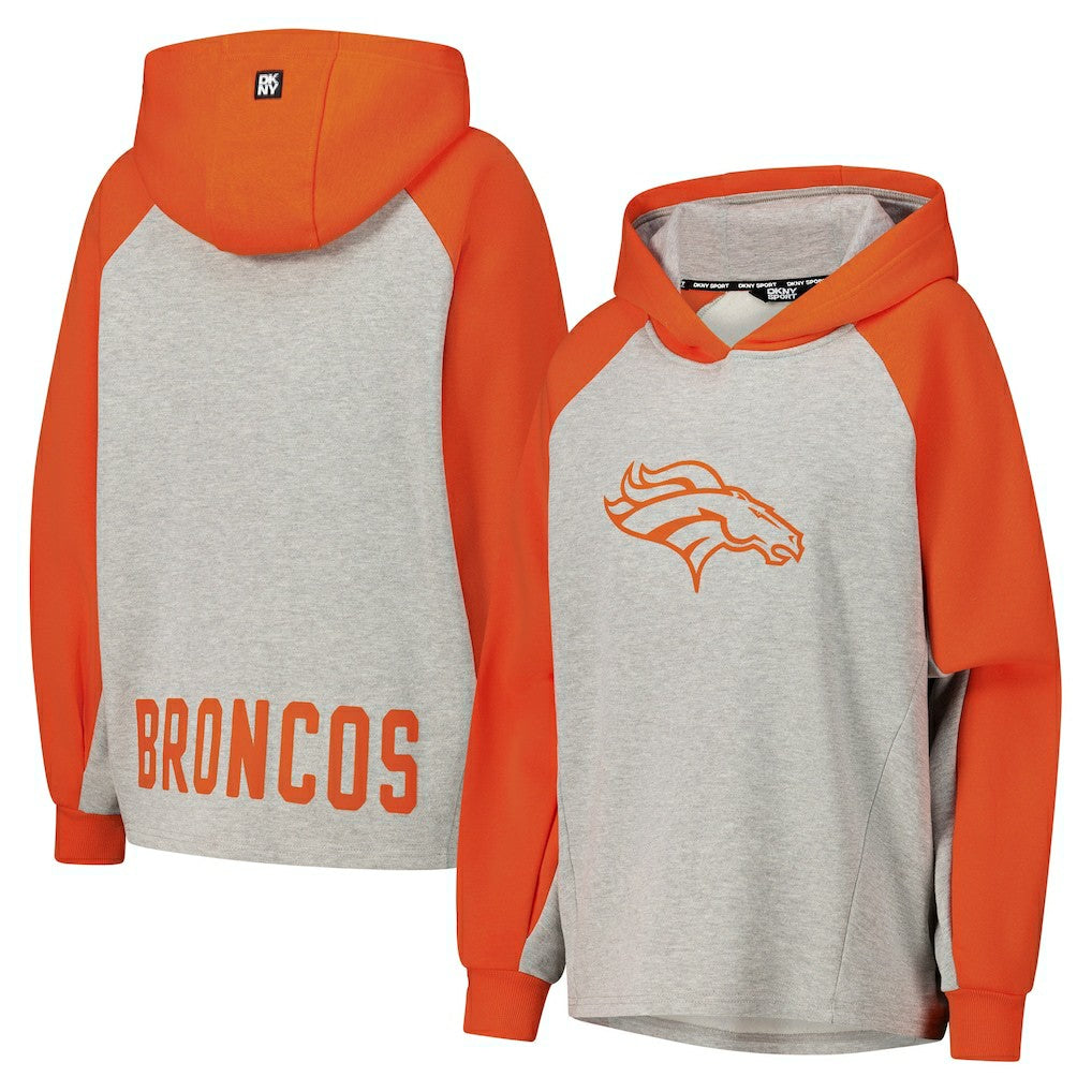 Denver Broncos DKNY Sport Women's Joy Cropped Raglan Pullover Hoodie - Gray/Orange cheap