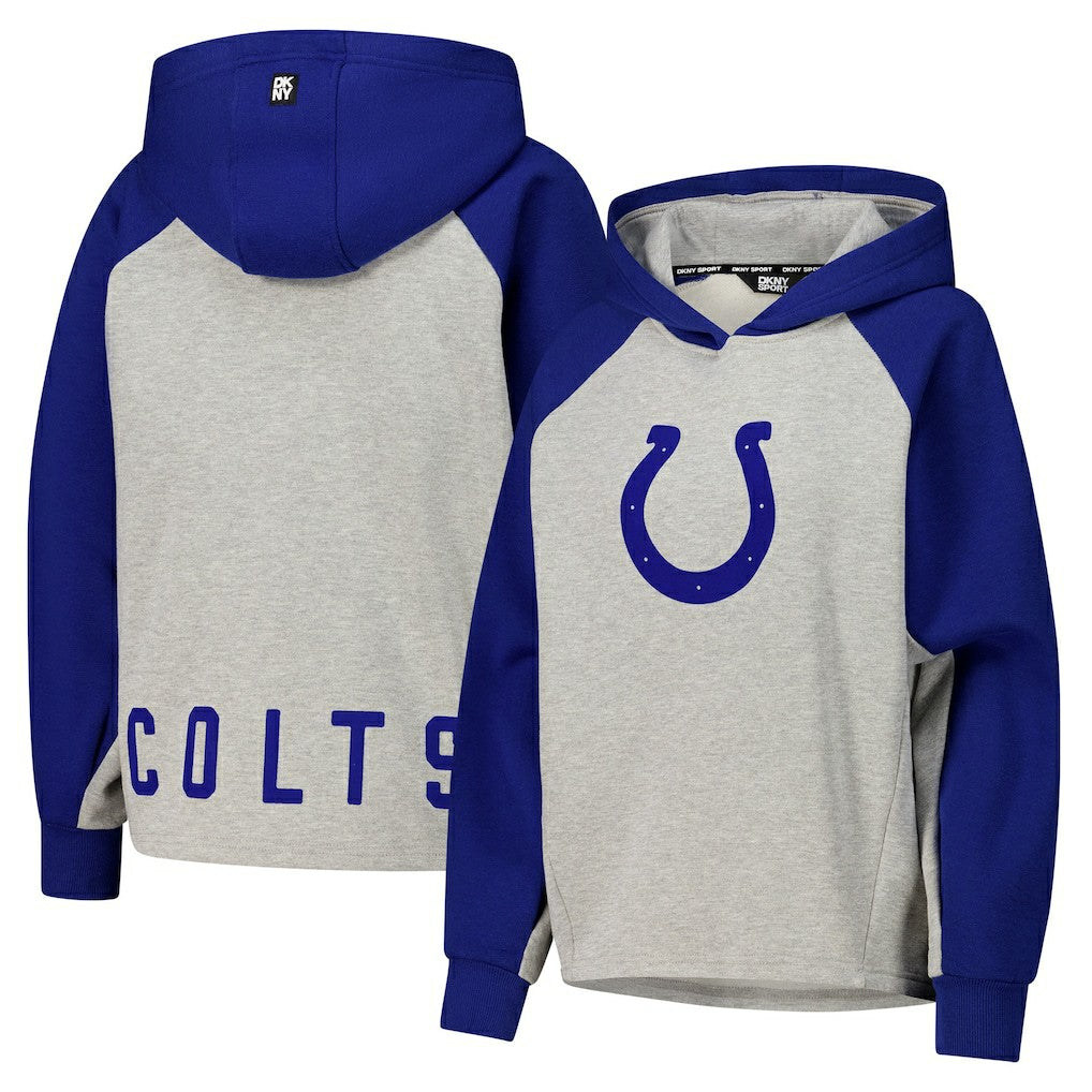 Indianapolis Colts DKNY Sport Women's Joy Cropped Raglan Pullover Hoodie - Gray/Royal for sale