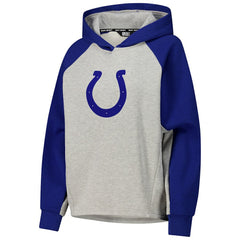 Indianapolis Colts DKNY Sport Women's Joy Cropped Raglan Pullover Hoodie - Gray/Royal for sale