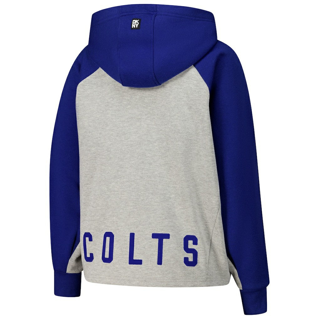 Indianapolis Colts DKNY Sport Women's Joy Cropped Raglan Pullover Hoodie - Gray/Royal for sale